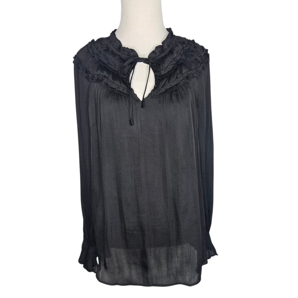 Talbots Satin Ruffle Neck Renaissance Top Black Dark Romantic Womens Medium